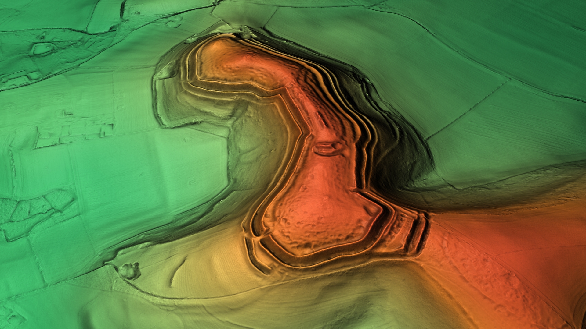 LiDAR scan revealing the earthworks of an Iron Age hillfort