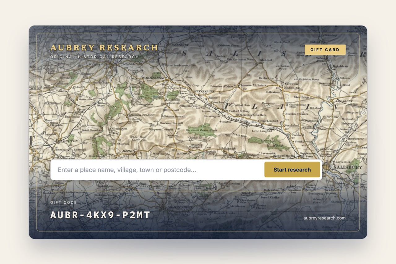 A digital Aubrey Research gift card, printed over an archival survey map, redeemable on any location.