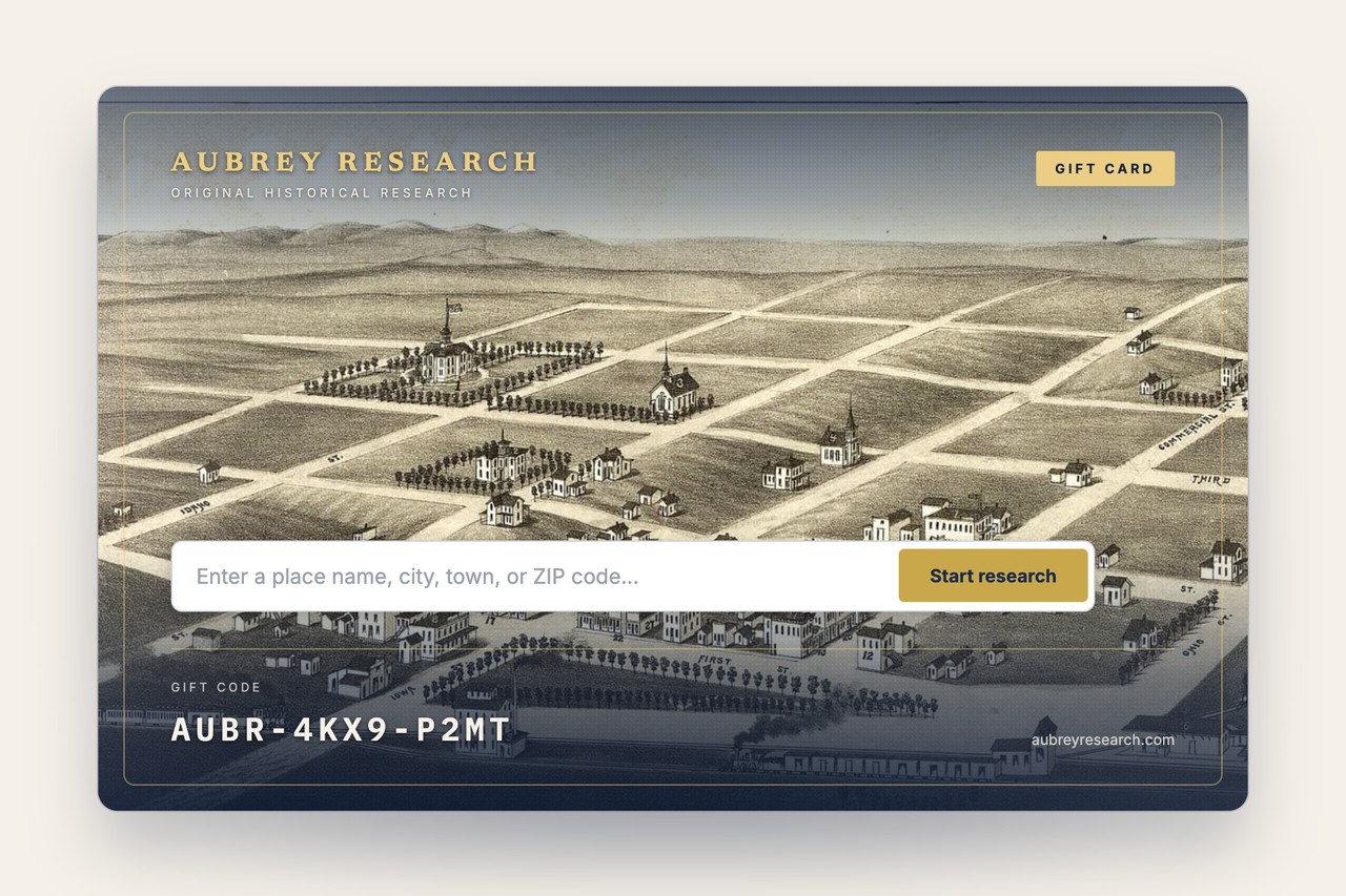 A digital Aubrey Research gift card, printed over an archival survey map, redeemable on any location.